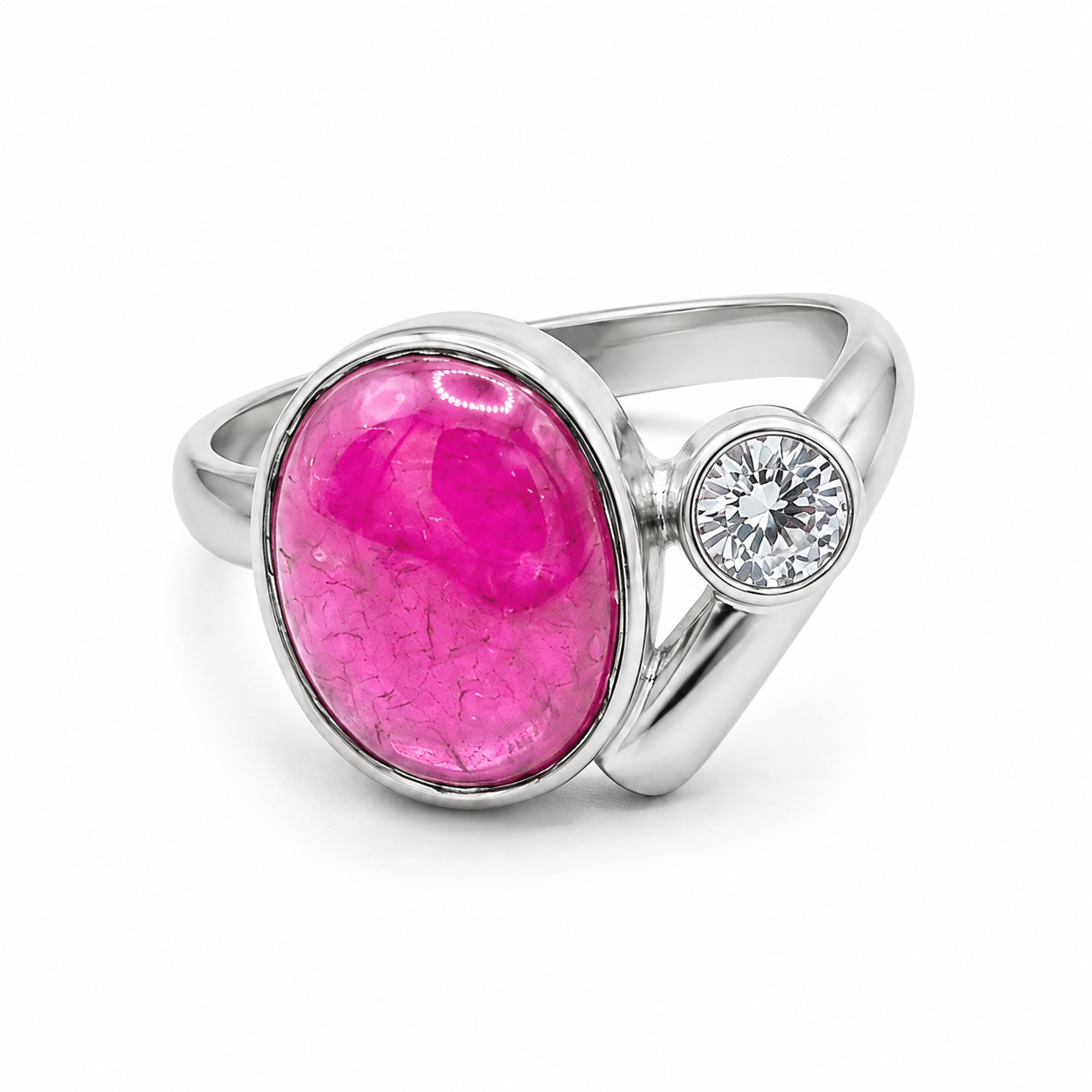 SSARONG 925 Sterling Silver Contemporary Pink Tourmaline Cabochon Ring | R-031