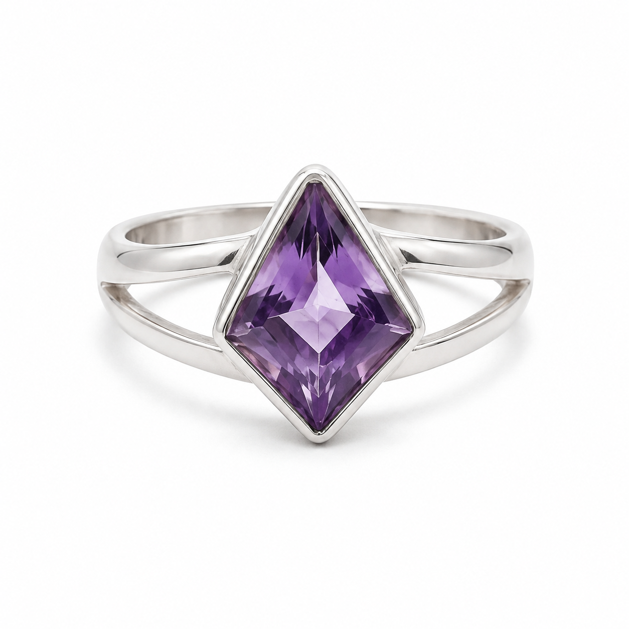 SSARONG 925 Sterling Silver Modernist Rhombus Amethyst Solitaire Ring | R-032