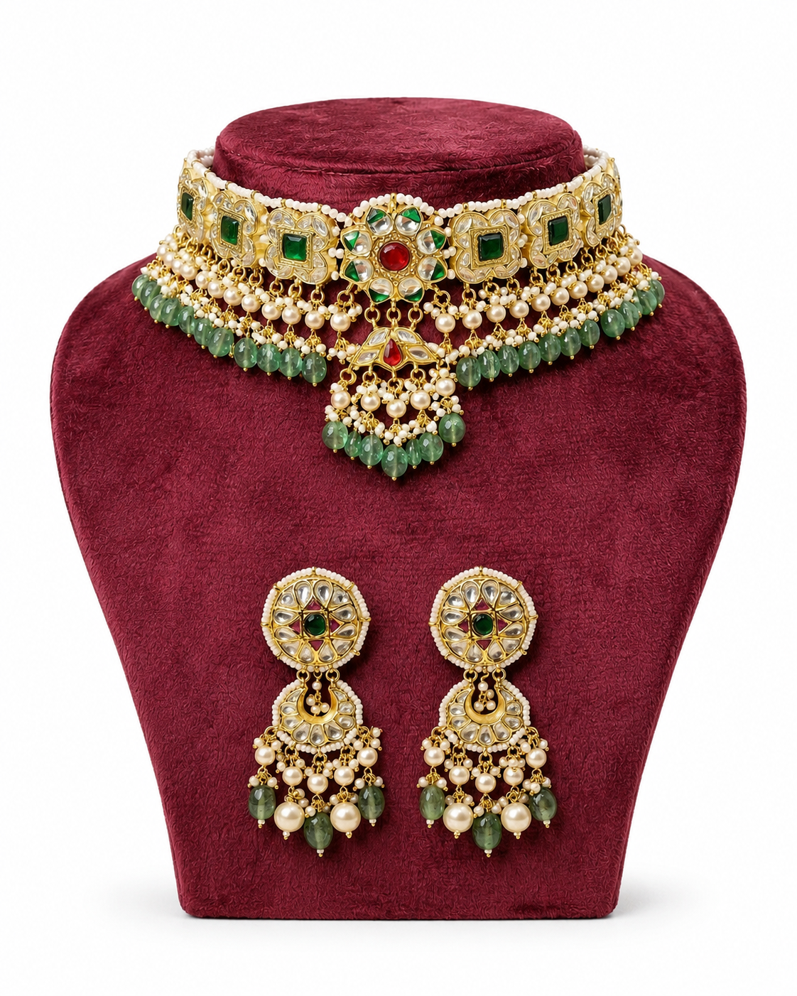SSARONG 925 Sterling Silver Vintage Scalloped Ruby & Emerald Jadau Bridal Choker Set | TS-006