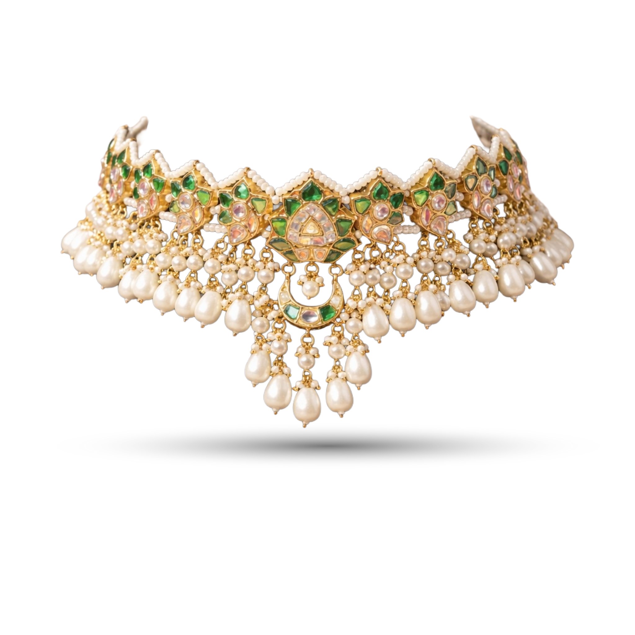 SSARONG 925 Sterling Silver Imperial Lotus Blossom & Emerald Jadau Choker Necklace | TN-007