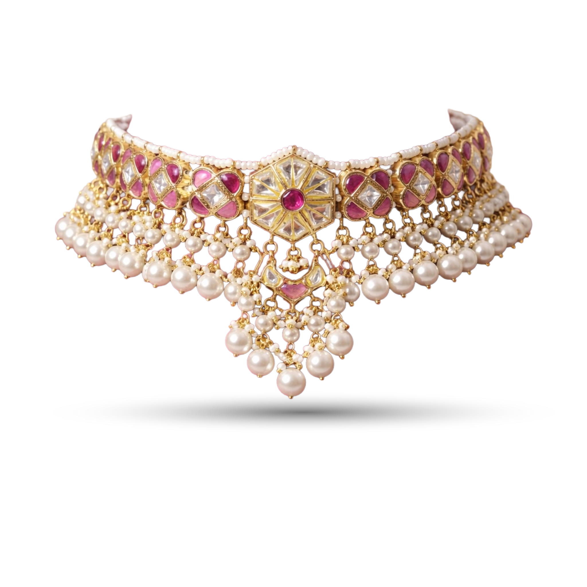 SSARONG 925 Sterling Silver Vintage Starburst Hexagon Ruby & Kundan Choker Necklace | TN-008