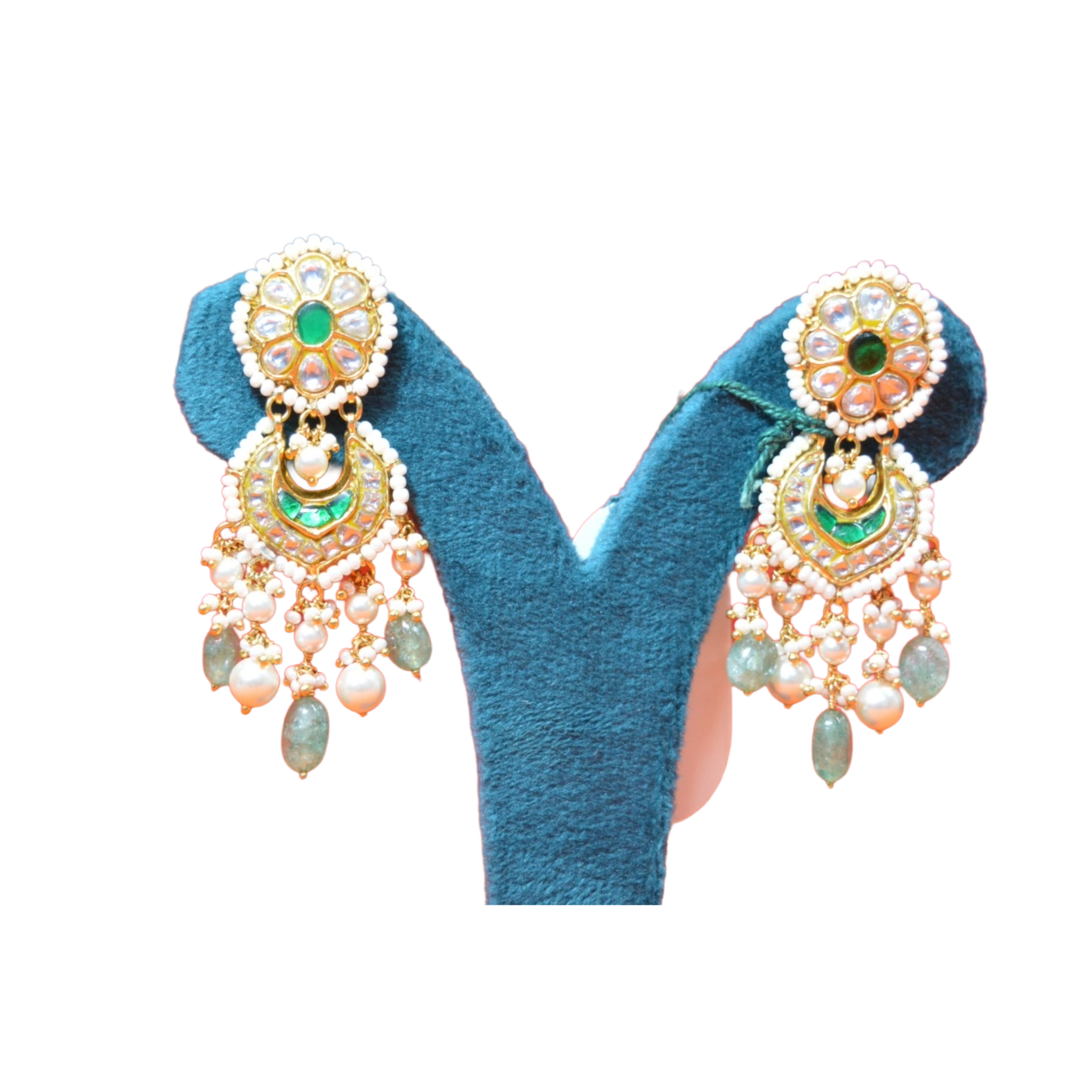SSARONG 925 Sterling Silver Majestic Emerald Chandbali Jadau Drop Earrings | TE-010