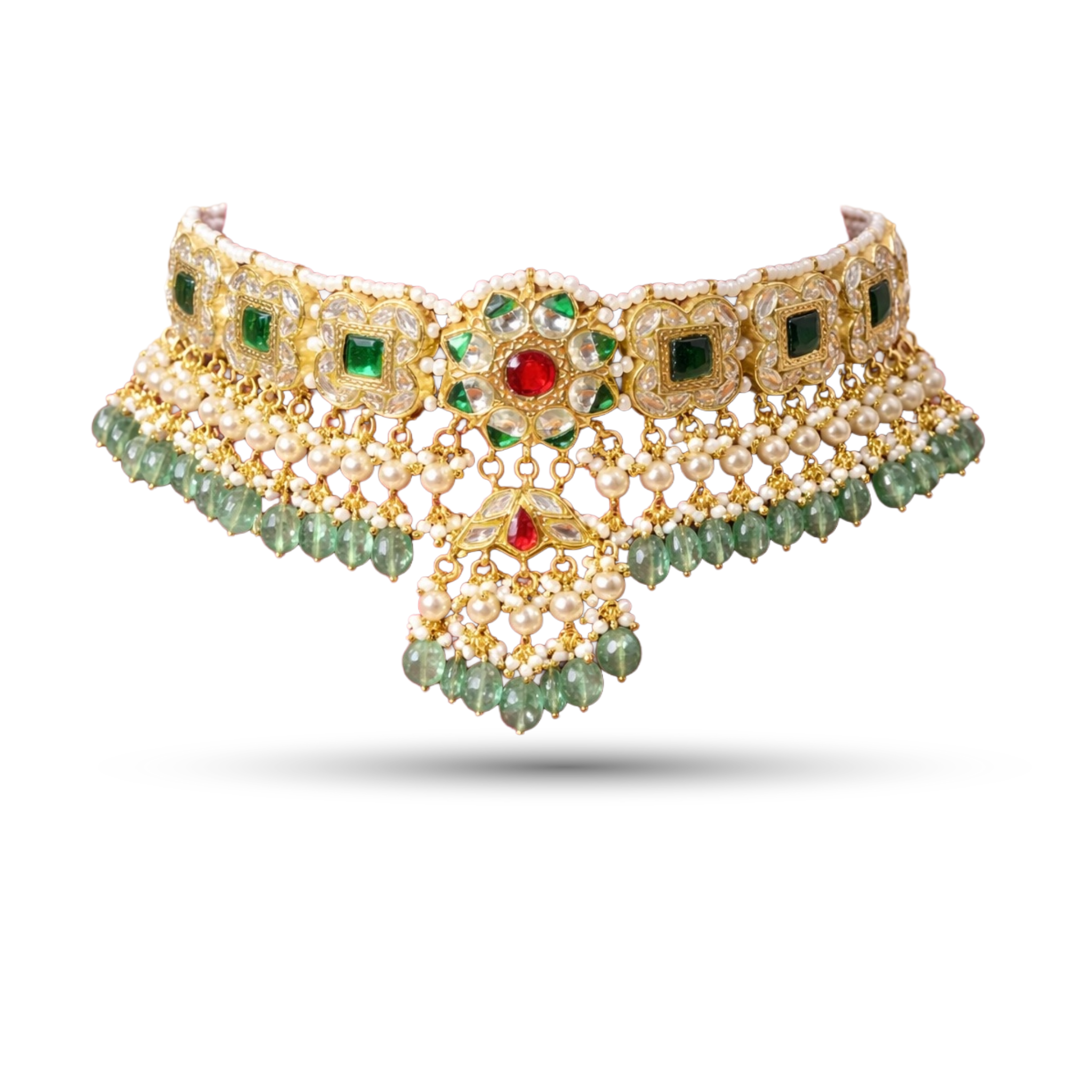 SSARONG 925 Sterling Silver Imperial Emerald Square & Blossom Jadau Choker Necklace | TN-009