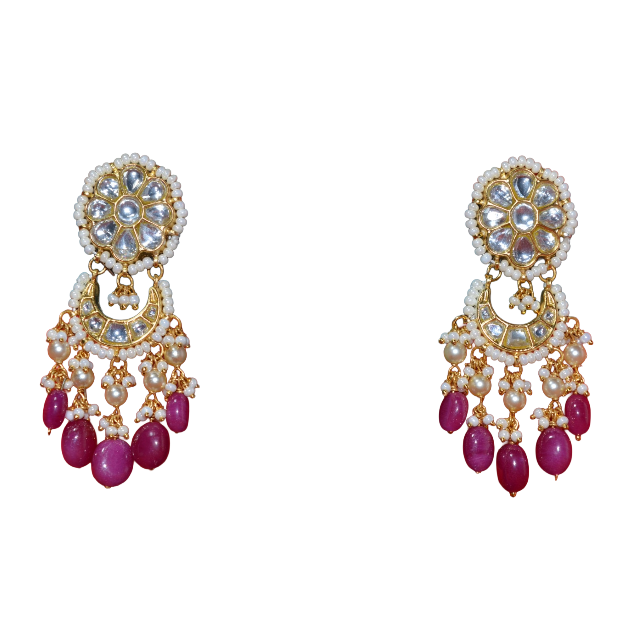 SSARONG 925 Sterling Silver Classic Ruby Pink Chandbali Jadau Drop Earrings | TE-011