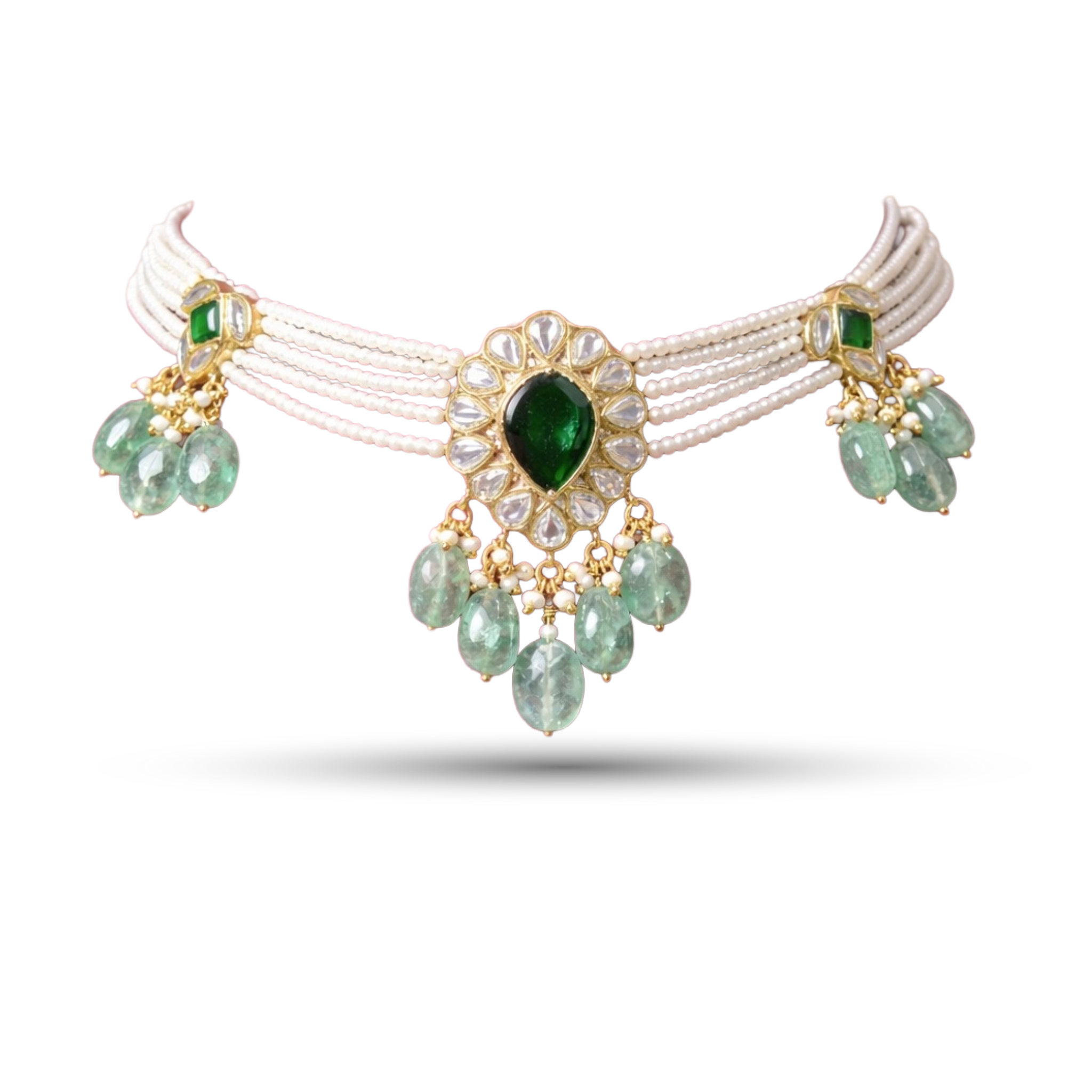 SSARONG 925 Sterling Silver Imperial Emerald Pear & Multi-Strand Pearl Choker Necklace | TN-010