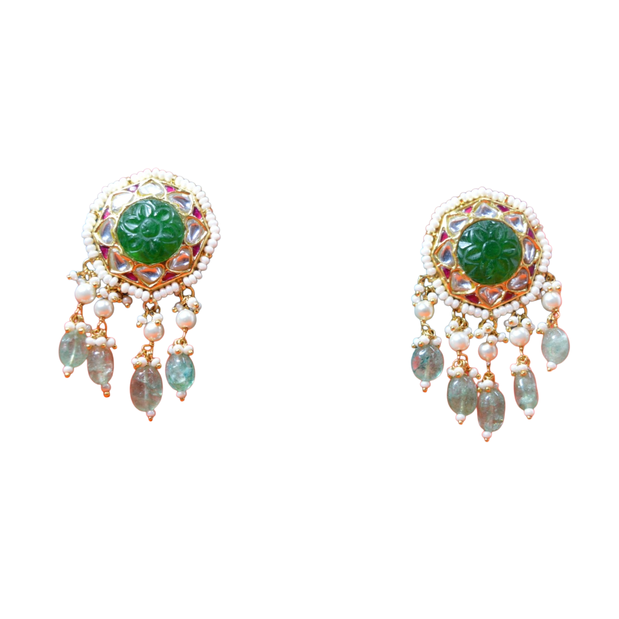 SSARONG 925 Sterling Silver Heritage Carved Emerald Kundan Stud Drop Earrings | TE-012