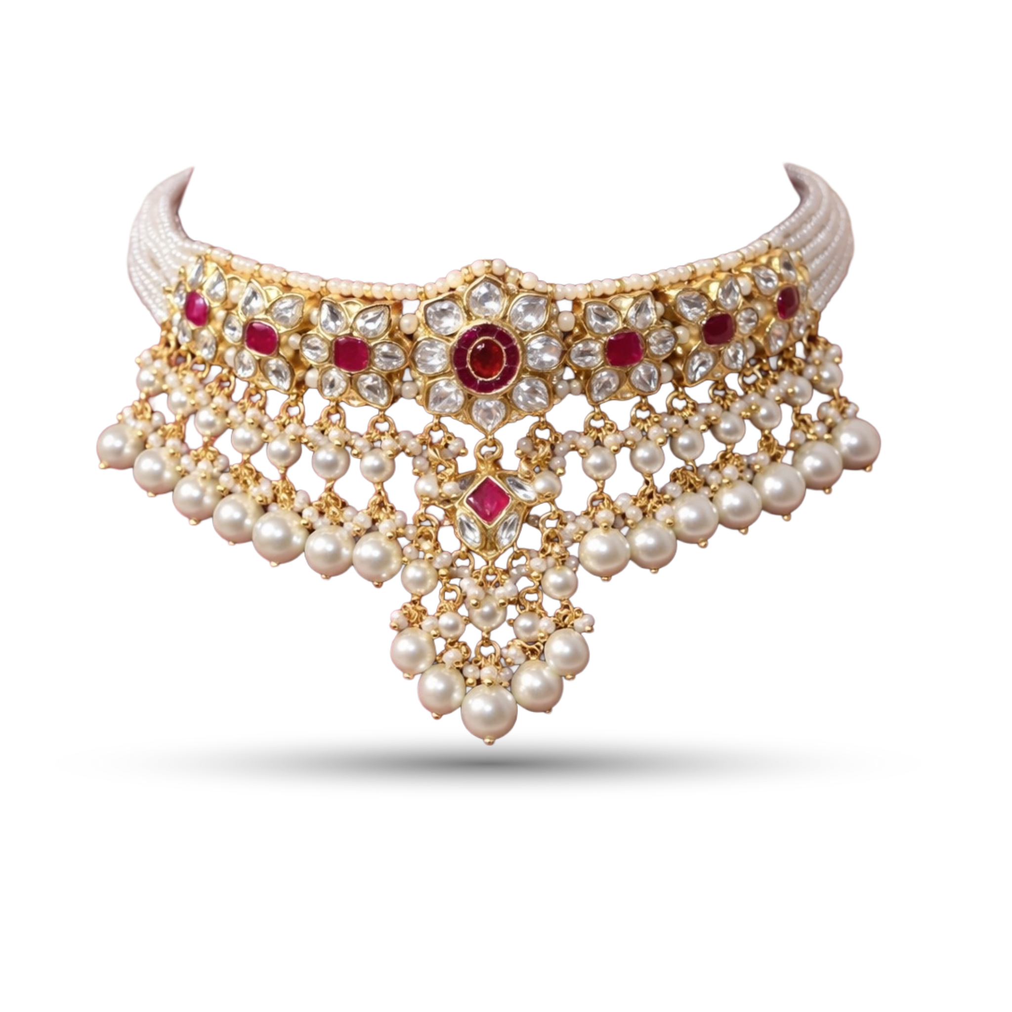 SSARONG 925 Sterling Silver Vintage Ruby Blossom Multi-Strand Pearl Choker Necklace | TN-011