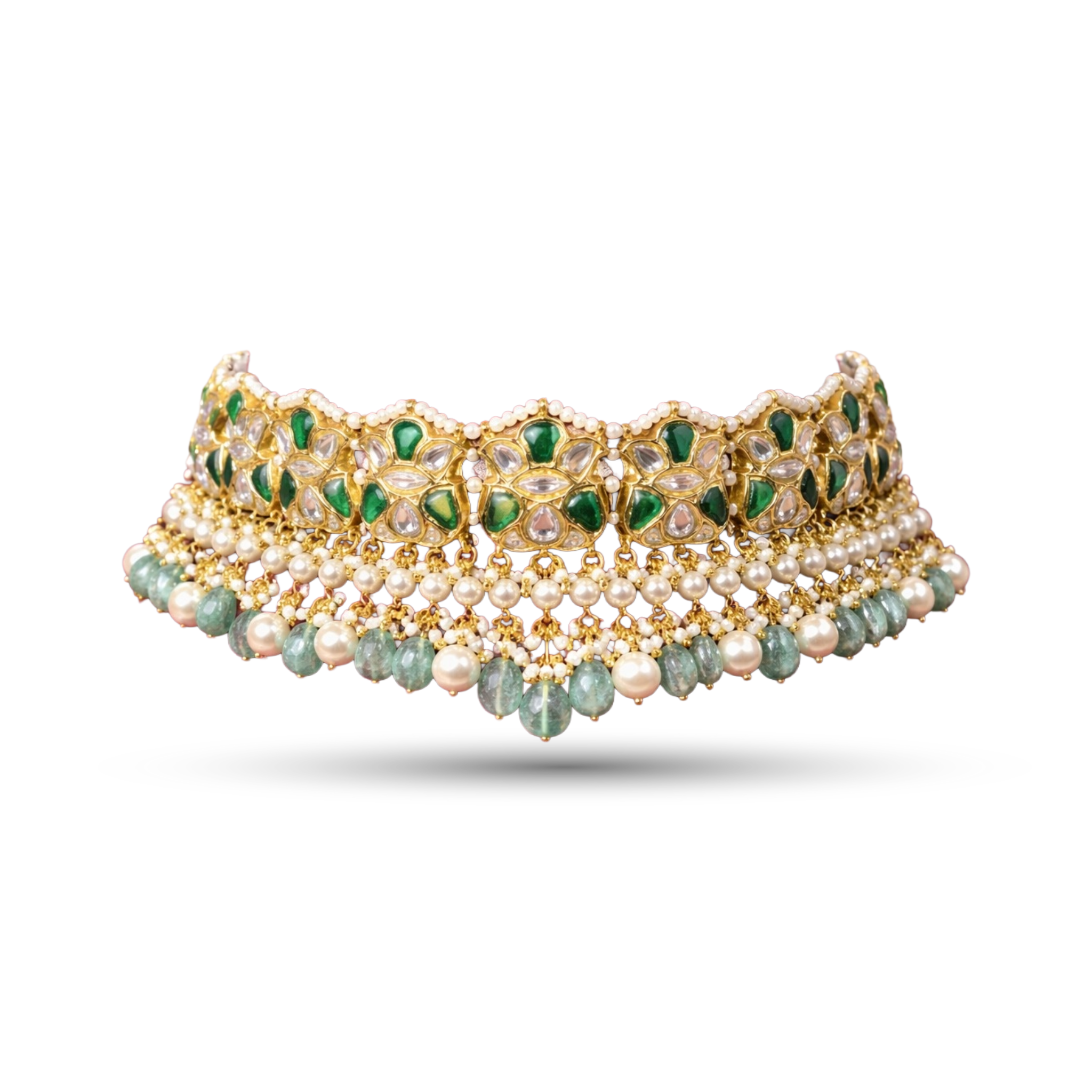 SSARONG 925 Sterling Silver Vintage Scalloped Emerald & Kundan Jadau Choker Necklace | TN-012