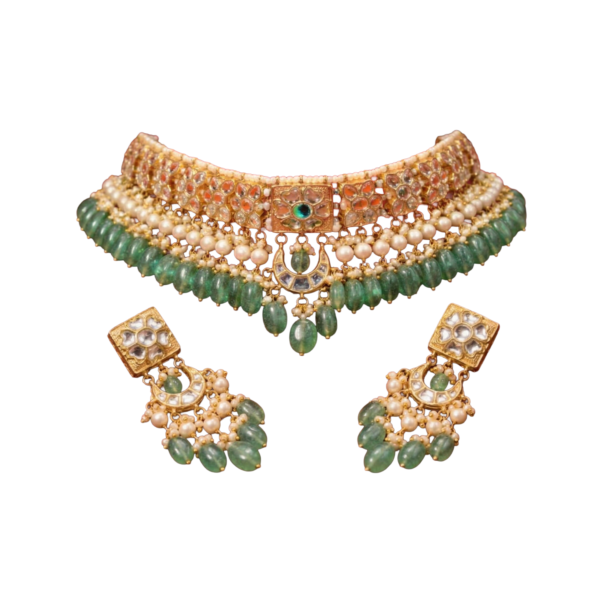 SSARONG 925 Sterling Silver Heritage Emerald & Kundan Jadau Bridal Choker Set | TS-001
