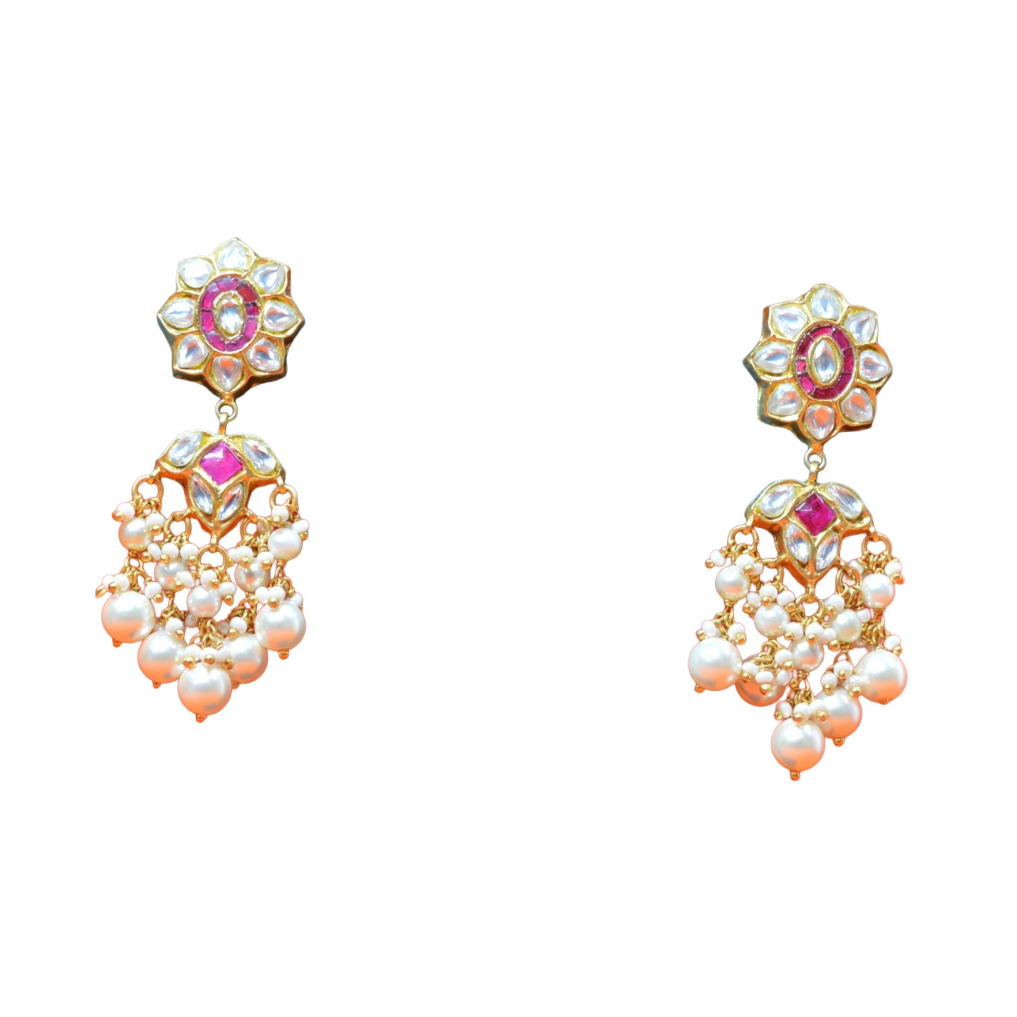 SSARONG 925 Sterling Silver Vintage Ruby Lotus Blossom Jadau Drop Earrings | TE-014