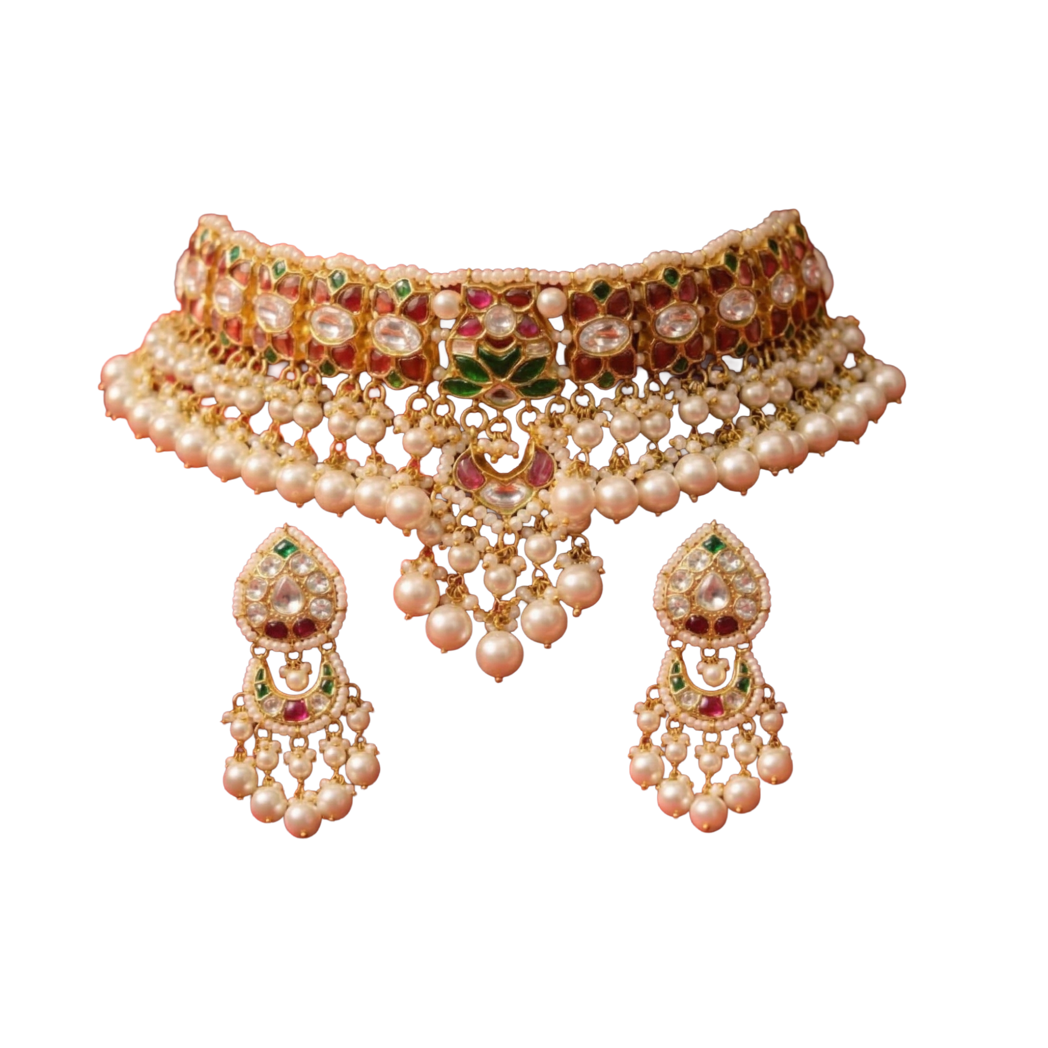SSARONG 925 Sterling Silver Imperial Emerald & Kundan Jadau Bridal Choker Set | TS-002