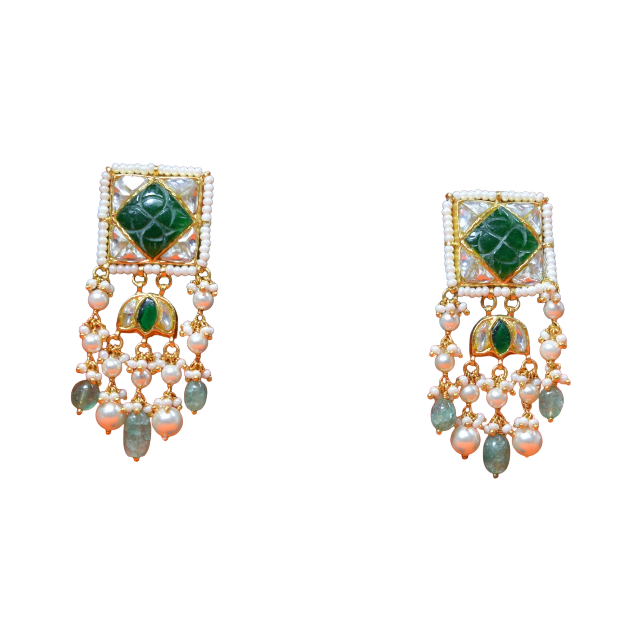 SSARONG 925 Sterling Silver Imperial Carved Emerald Square Jadau Drop Earrings | TE-016