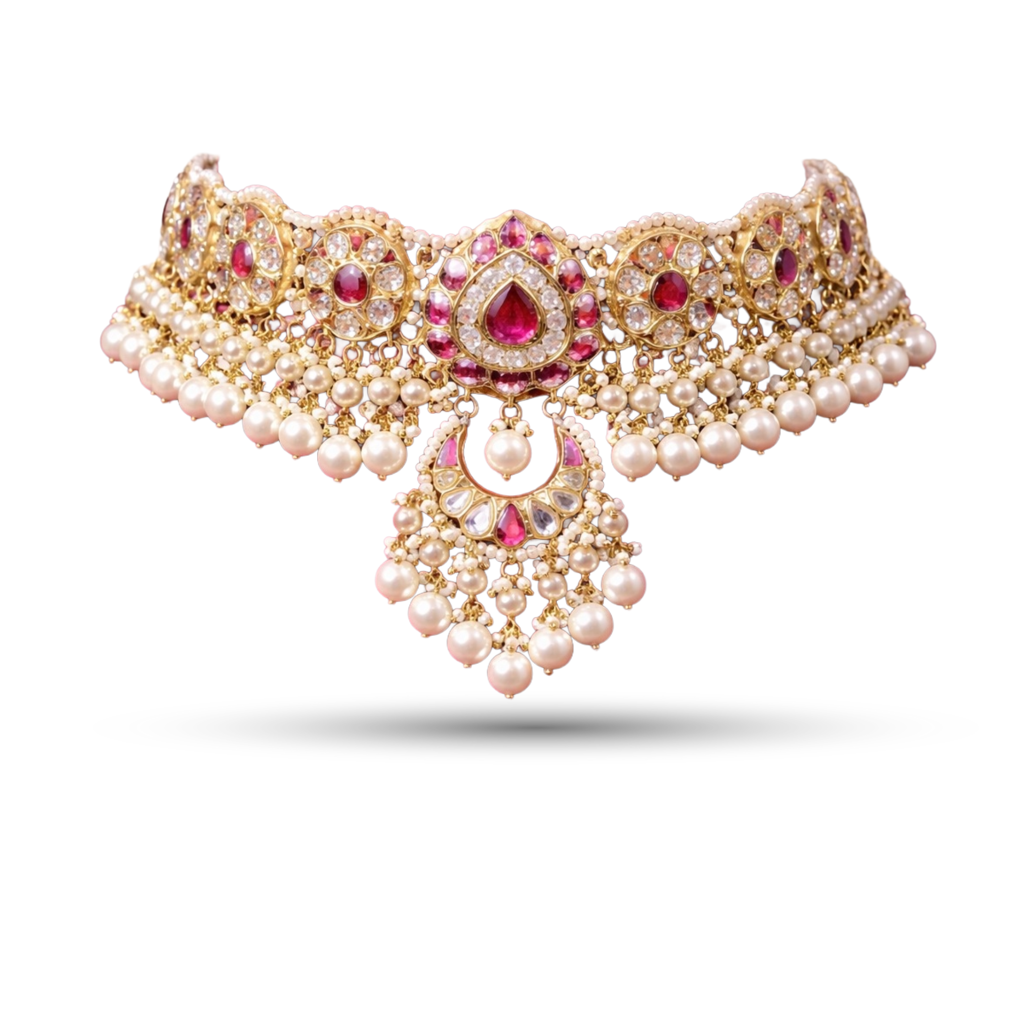 SSARONG 925 Sterling Silver Regal Ruby Teardrop & Chandbali Jadau Choker Necklace | TN-013