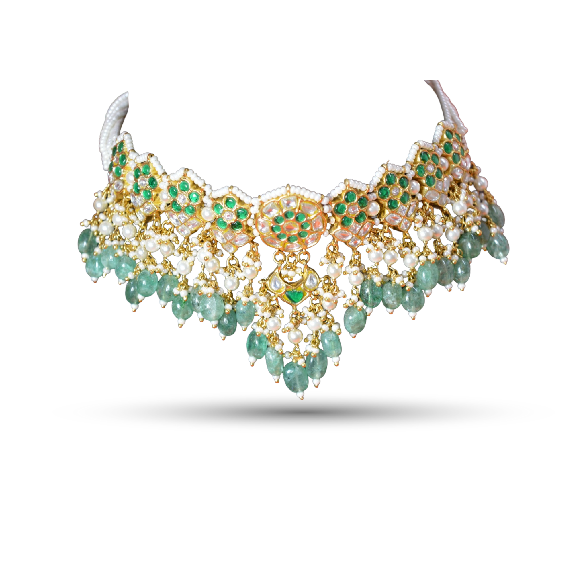 SSARONG 925 Sterling Silver Imperial Scalloped Emerald & Chandbali Jadau Choker Necklace | TN-018