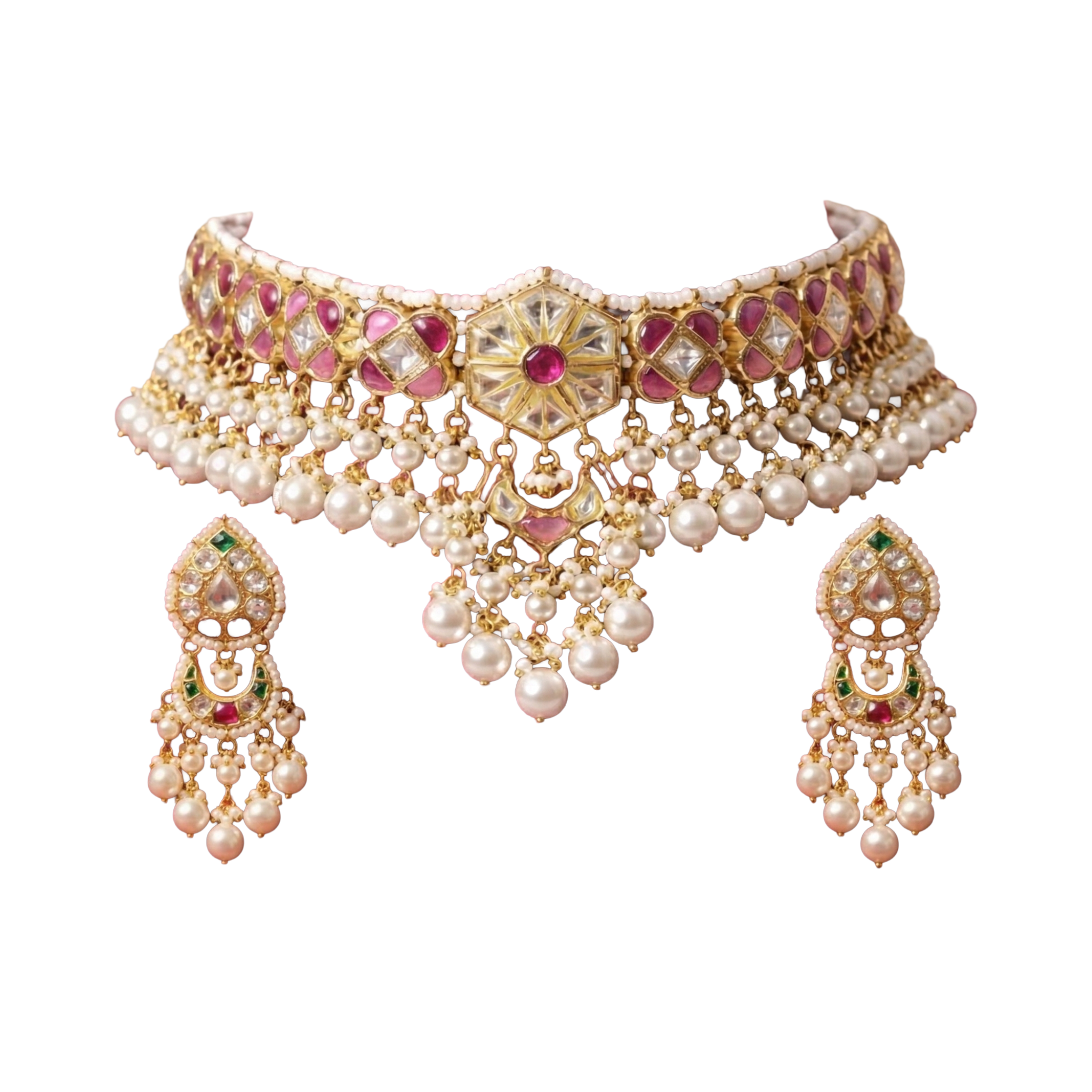 SSARONG 925 Sterling Silver Regal Ruby & Kundan Jadau Bridal Choker Set | TS-004