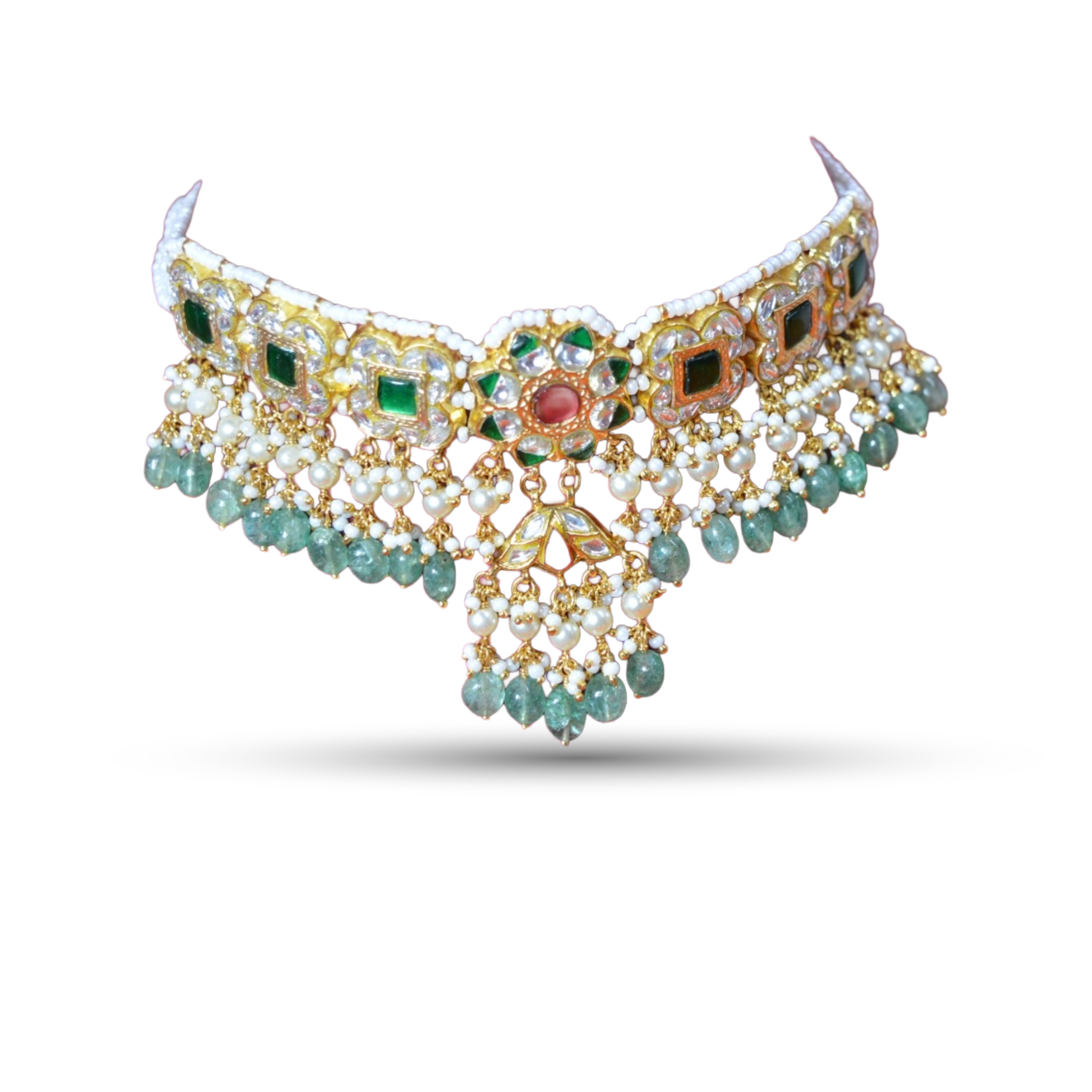 SSARONG 925 Sterling Silver Imperial Emerald Square & Blossom Jadau Choker Necklace | TN-019