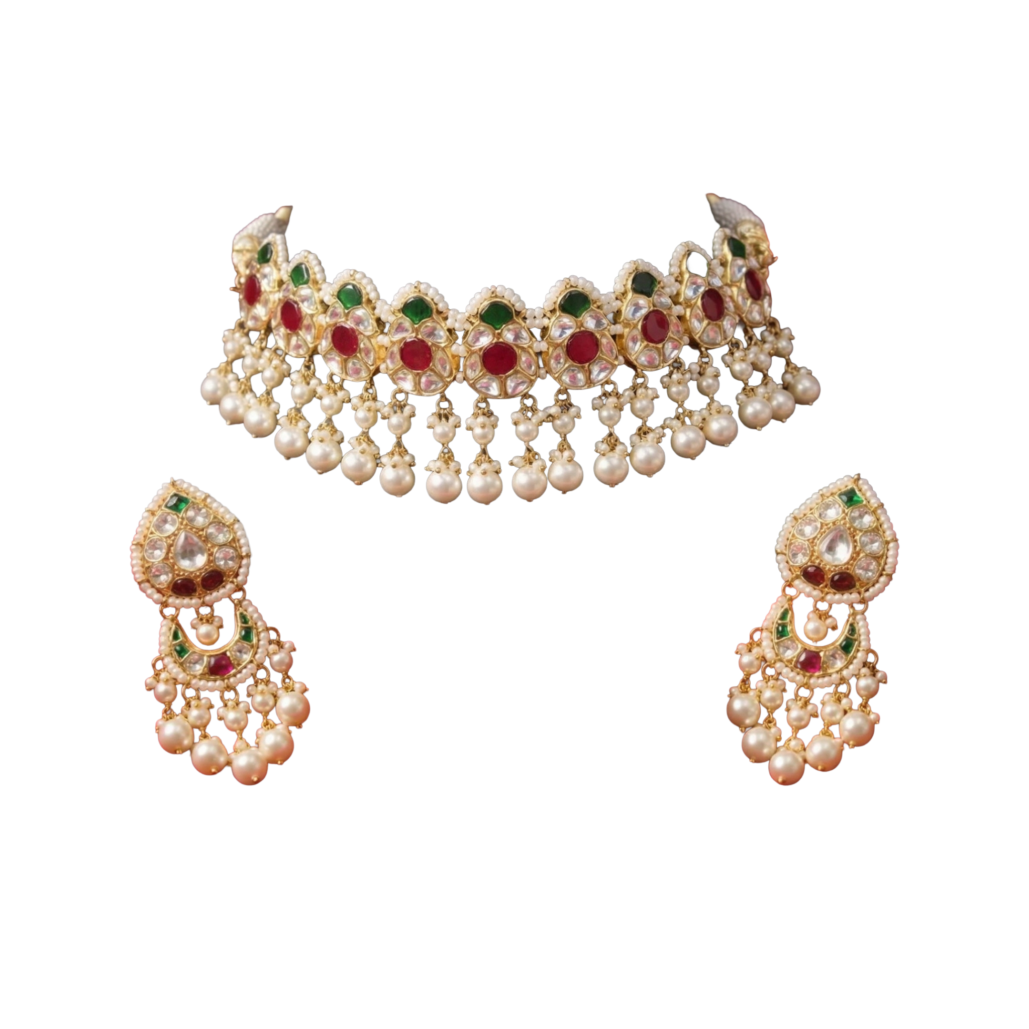 SSARONG 925 Sterling Silver Vintage Starburst Hexagon Ruby & Kundan Bridal Choker Set | TS-005