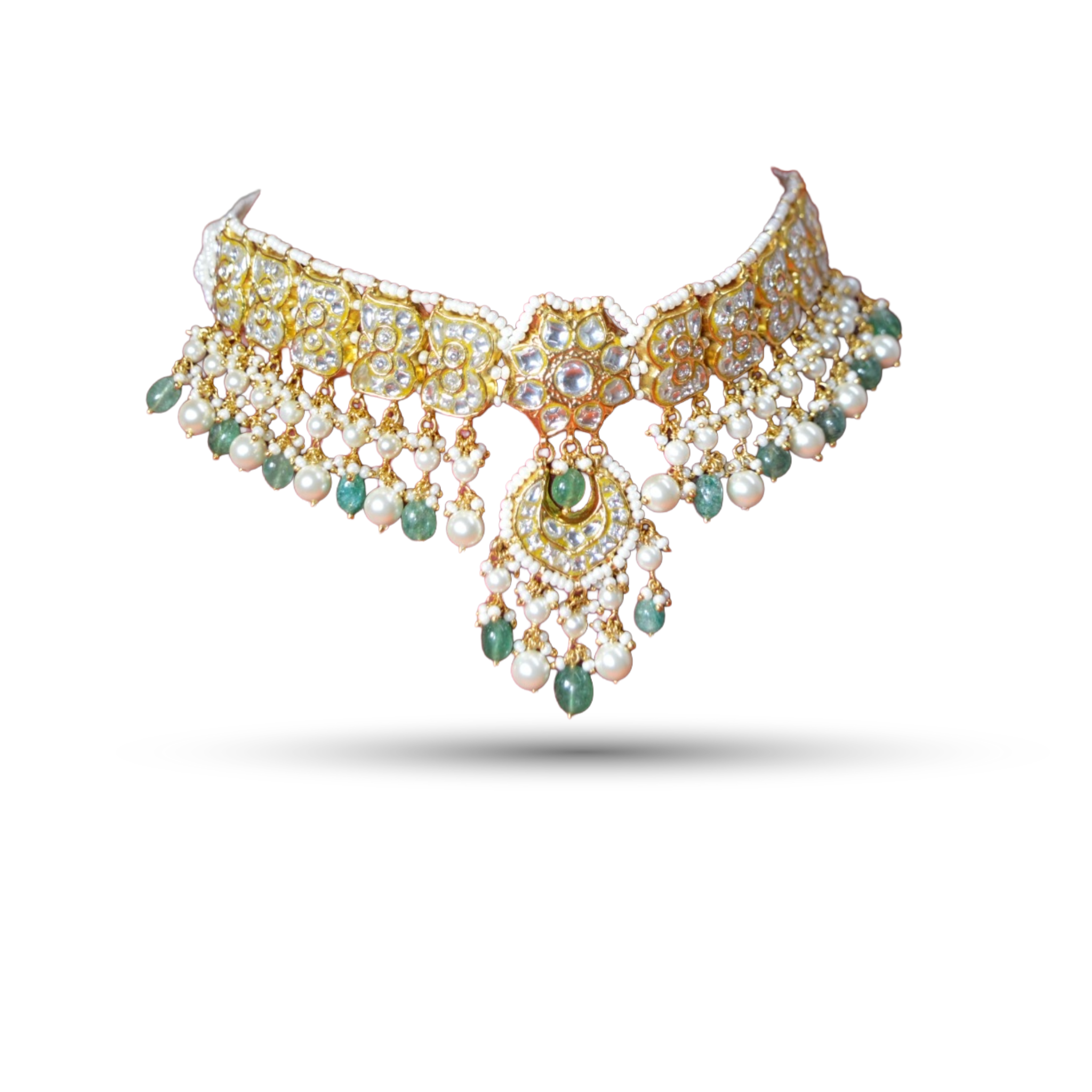 SSARONG 925 Sterling Silver Classic Starburst & Chandbali Emerald Jadau Choker Necklace | TN-020