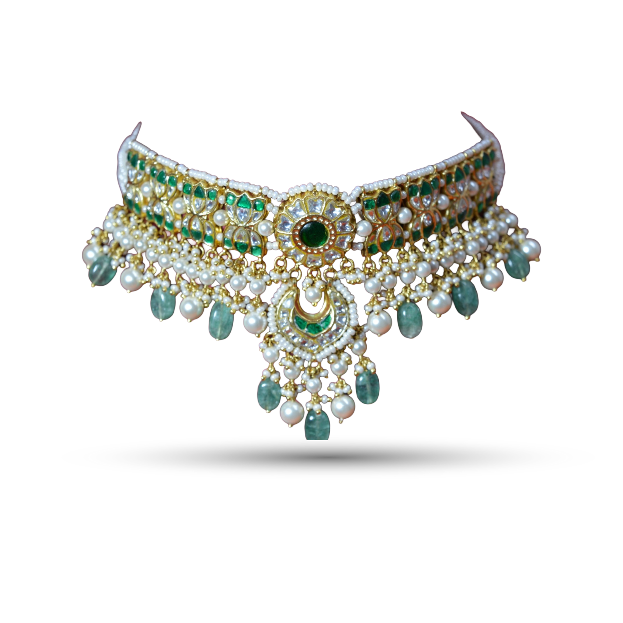 SSARONG 925 Sterling Silver Imperial Emerald Blossom & Chandbali Jadau Choker Necklace | TN-021