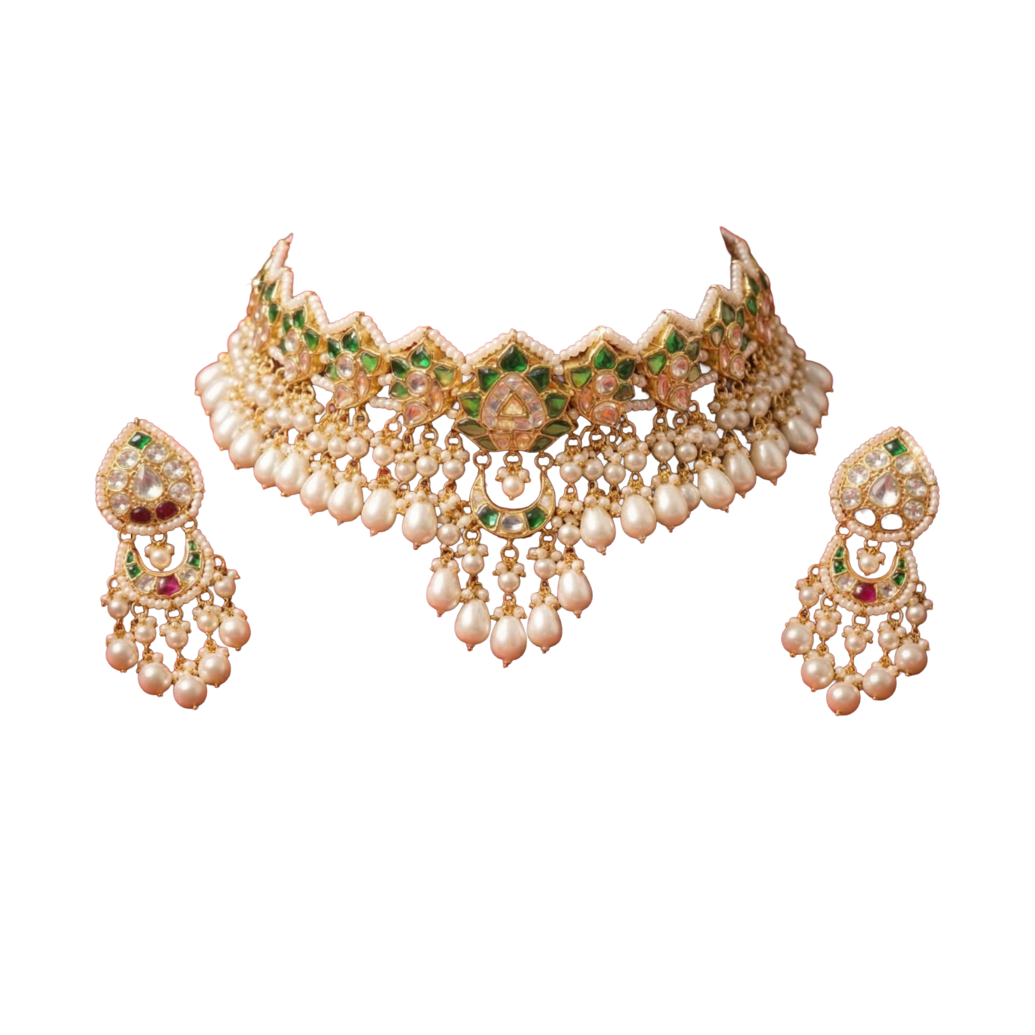 SSARONG 925 Sterling Silver Imperial Emerald Square & Blossom Jadau Bridal Choker Set | TS-007