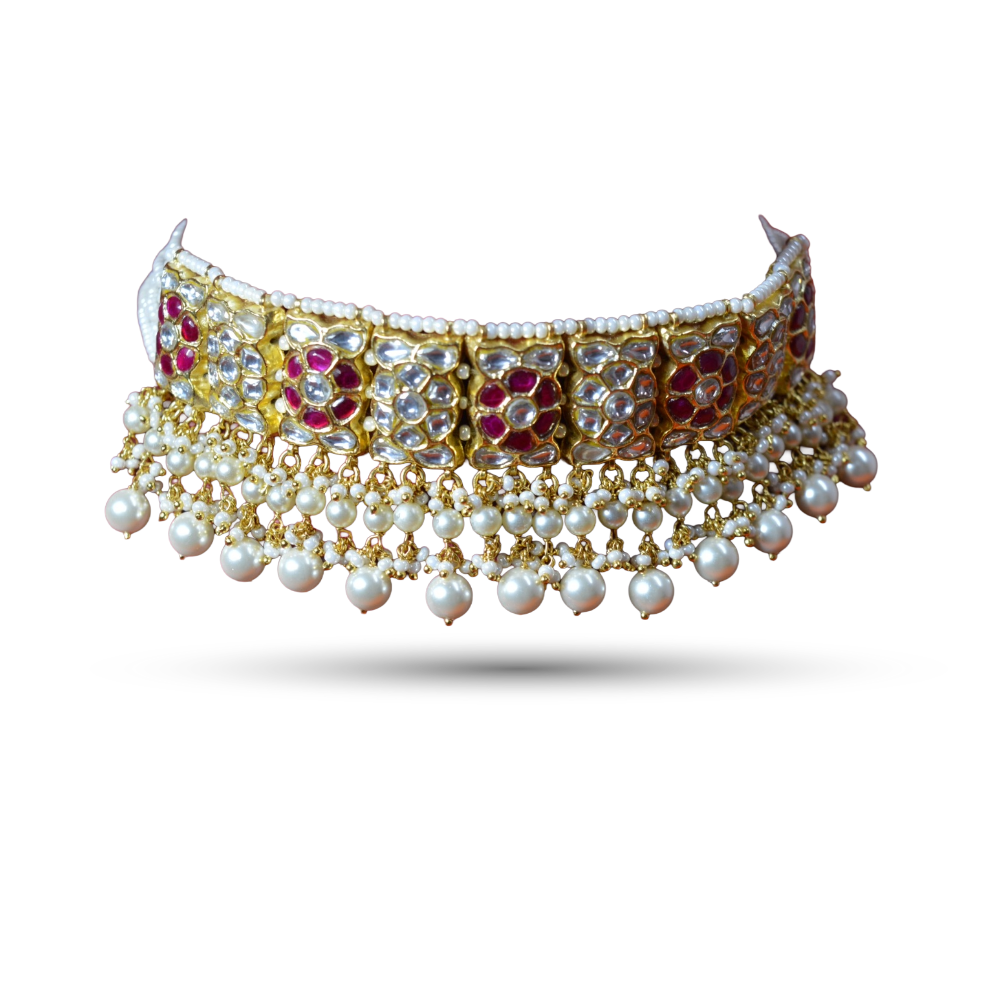 SSARONG 925 Sterling Silver Vintage Ruby & Geometric Kundan Jadau Choker Necklace | TN-022