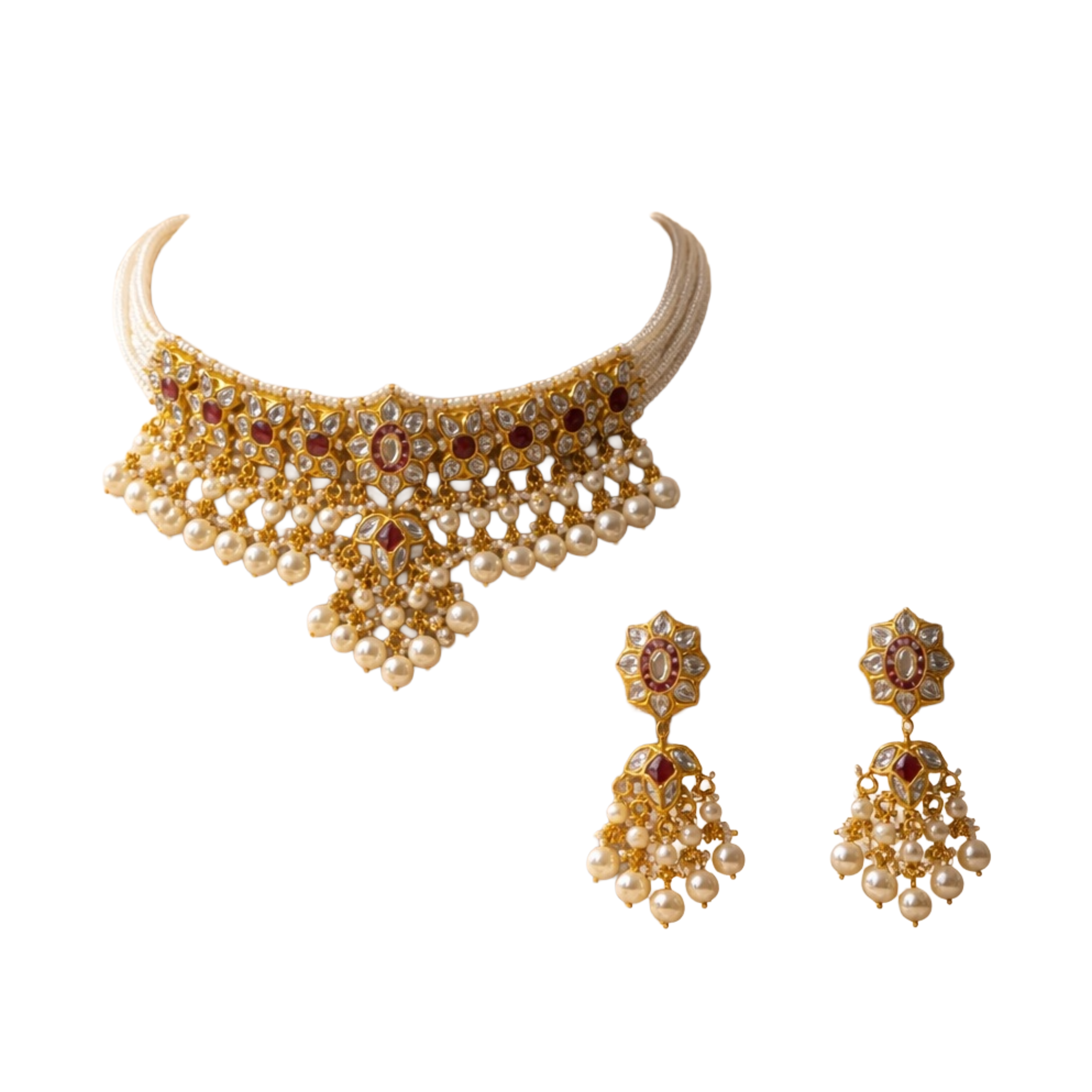 SSARONG 925 Sterling Silver Vintage Ruby Blossom Multi-Strand Pearl Bridal Choker Set | TS-008