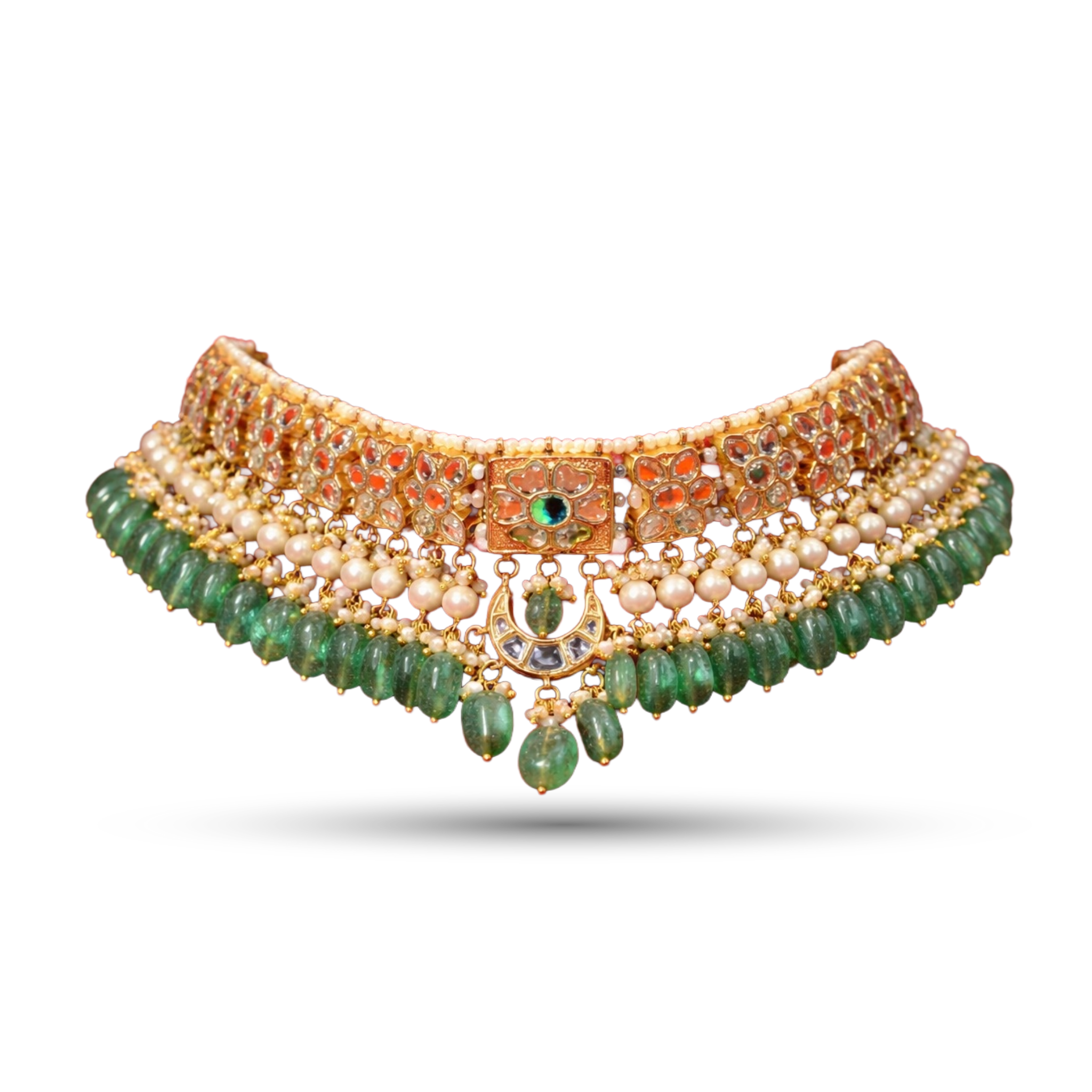 SSARONG 925 Sterling Silver Imperial Emerald & Kundan Jadau Choker Necklace | TN-001
