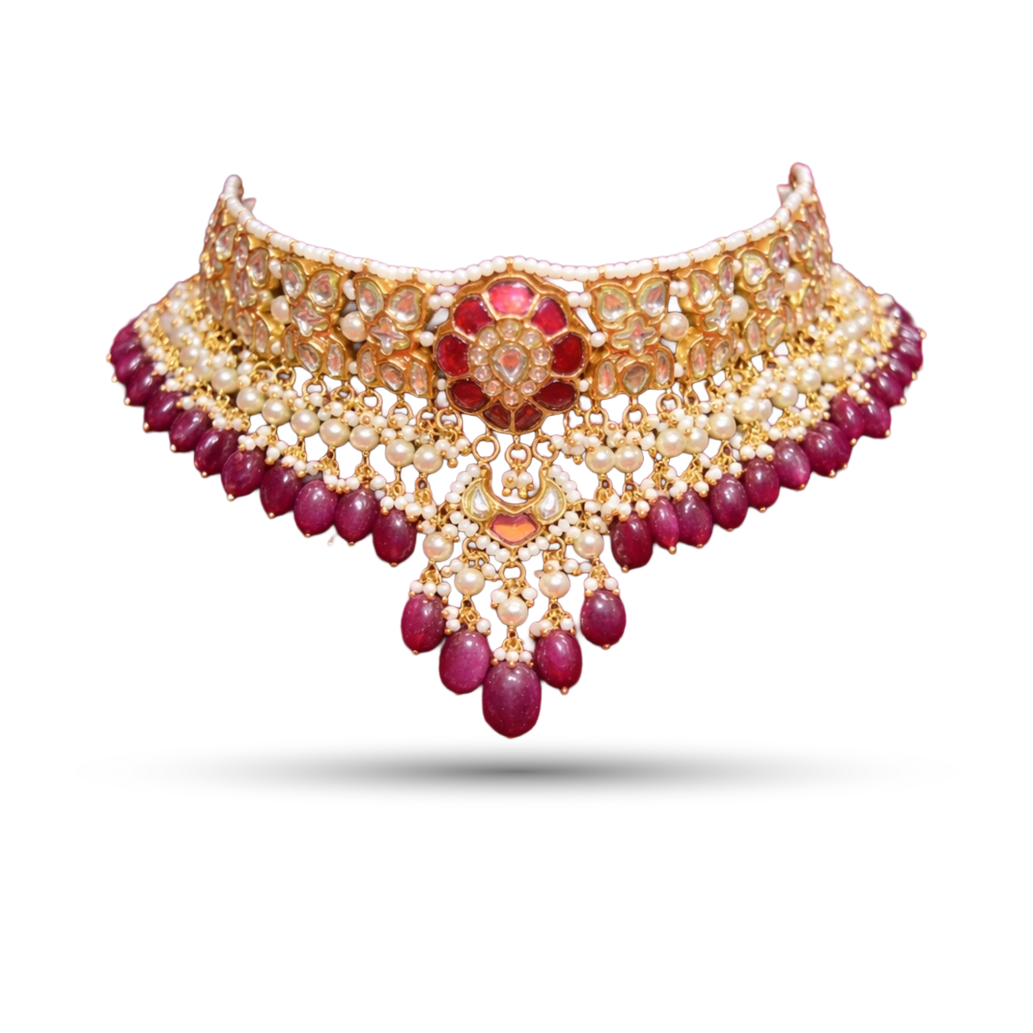 SSARONG 925 Sterling Silver Regal Ruby & Kundan Jadau Choker Necklace | TN-002