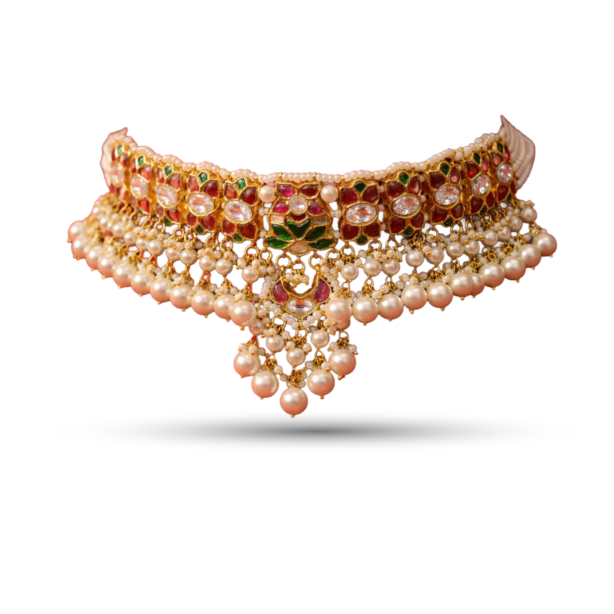 SSARONG 925 Sterling Silver Imperial Navratna-Style Pearl & Kundan Choker Necklace | TN-003