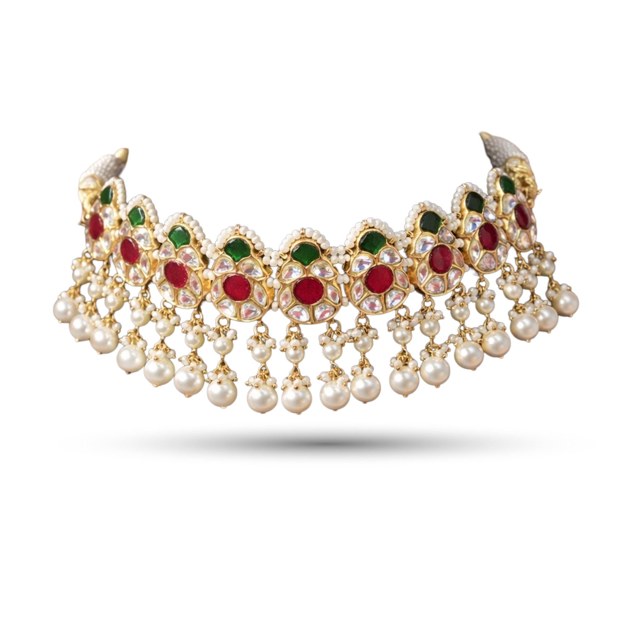 SSARONG 925 Sterling Silver Vintage Scalloped Ruby & Emerald Jadau Choker Necklace | TN-006